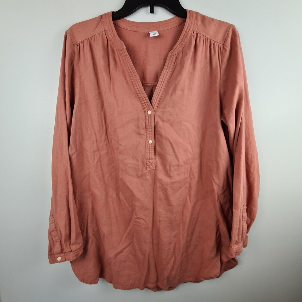 Old Navy Womens Long Sleeve Henley Tunic Top Pink Terracotta Cotton Rayon Medium